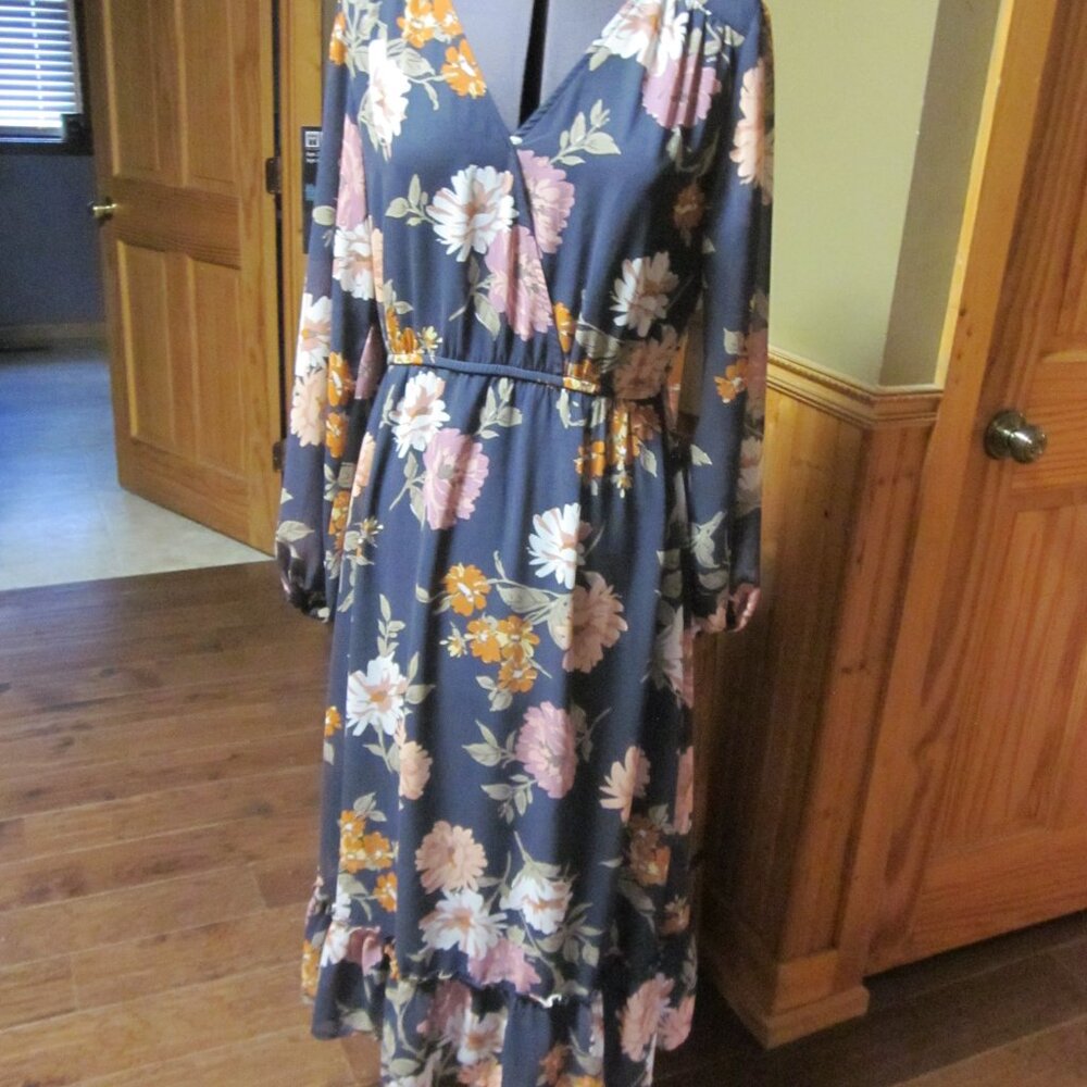 NWT Rokoko midi Peasant dress earthy bold floral ruffle hem lined MED